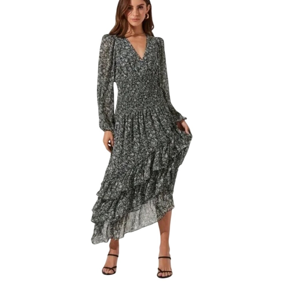 Astr The Label Women Babydoll Smocked Floral Midi Dress Tiered Ruffle Asymmetric